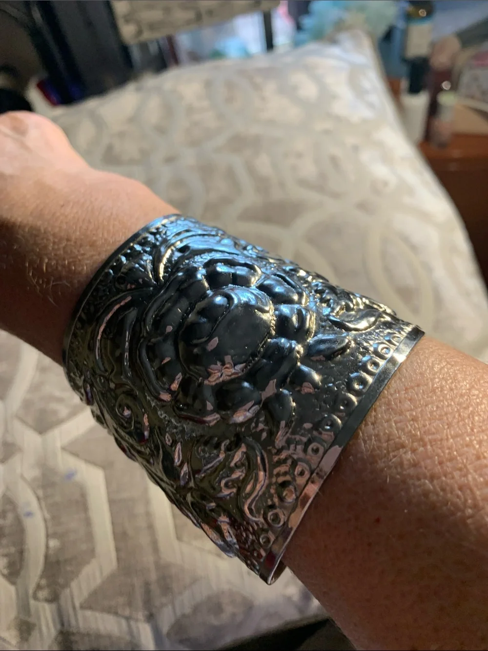 Wide Vintage Floral Cuff Bracelet Silver Tone
